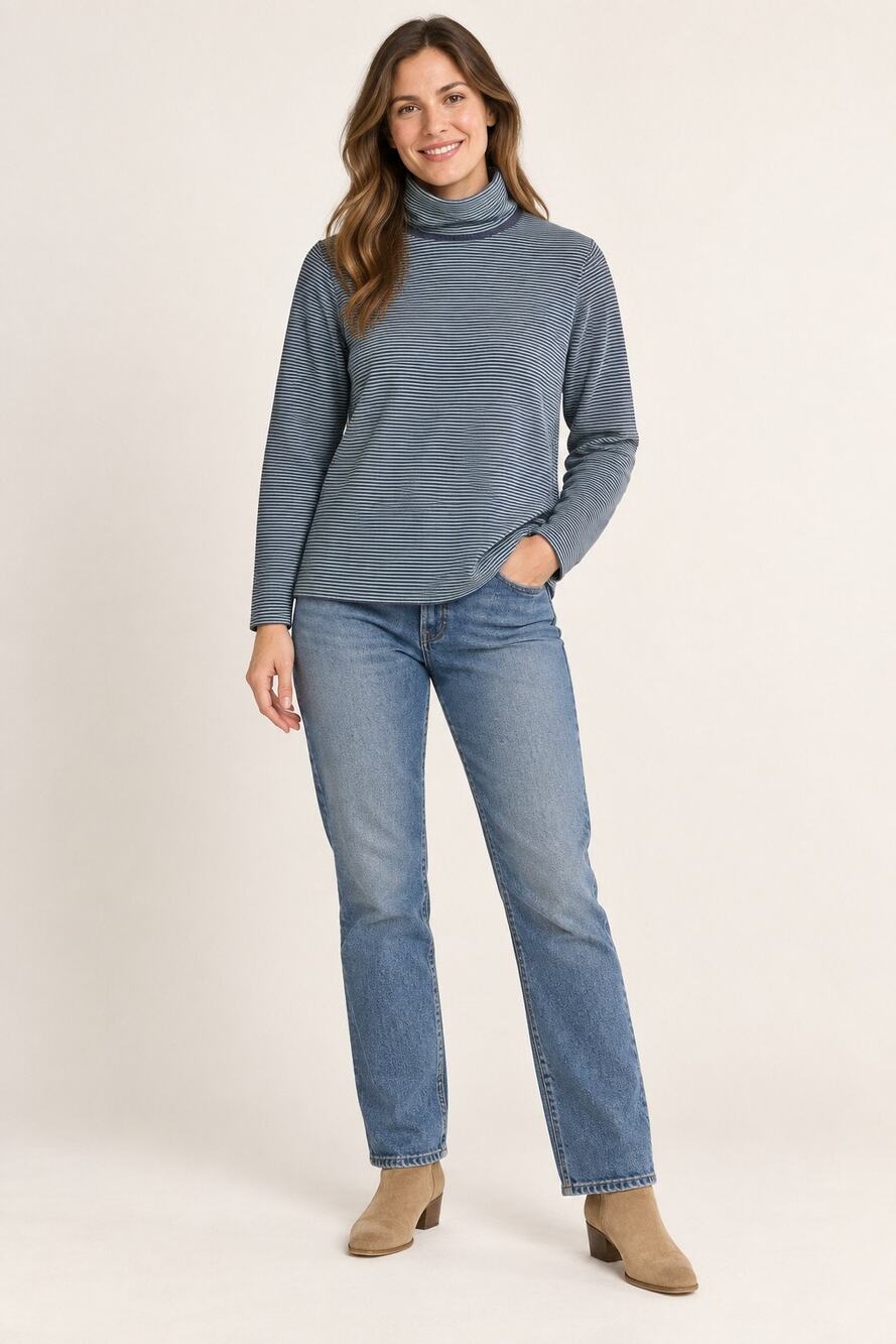 L.L.Bean Women’s Medium Blue Striped Cotton Turtleneck Sweater Made in Latvia